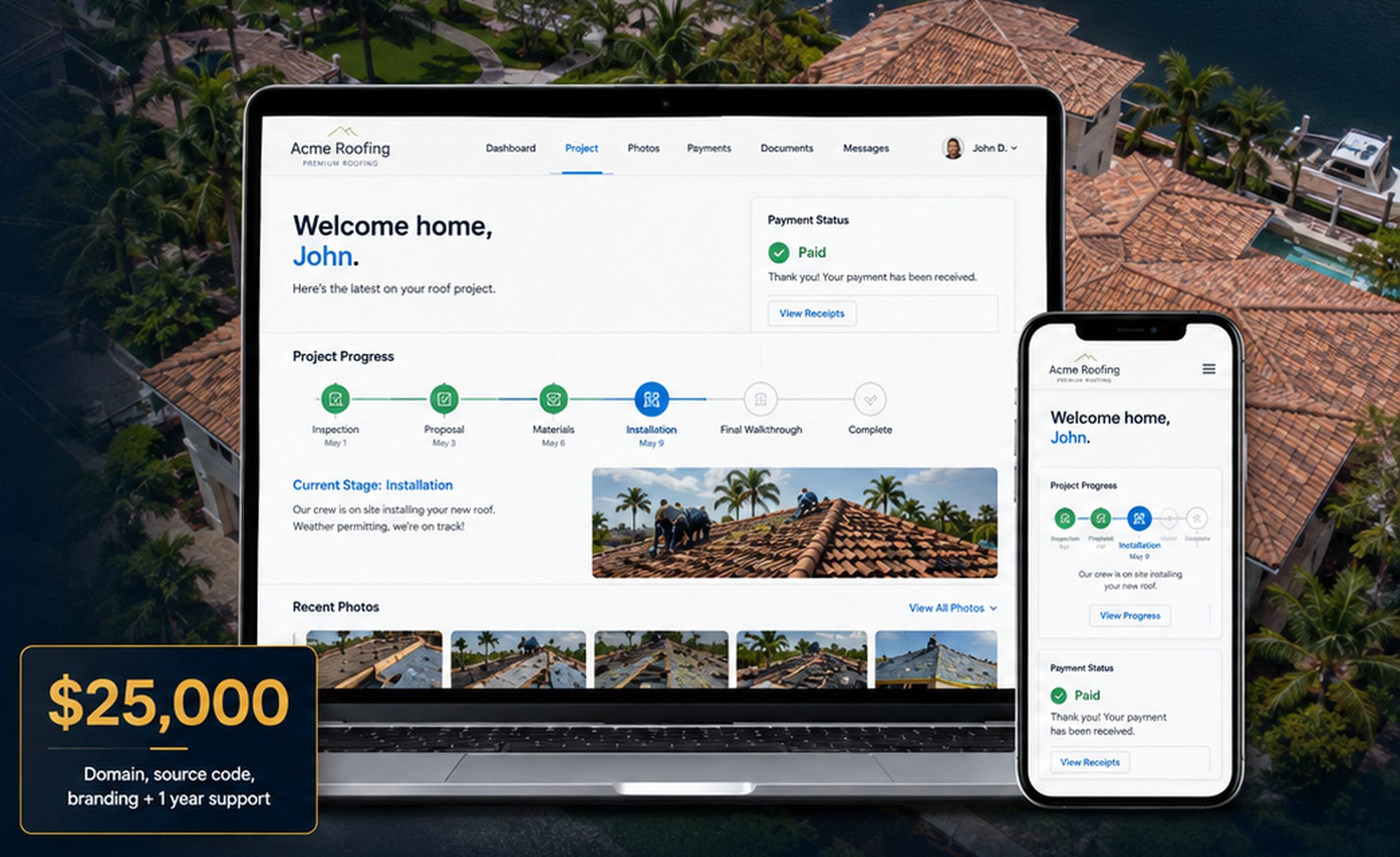 The white-label homeowner portal shown on a laptop and phone over a South Florida tile roof, with the $25,000 asking price