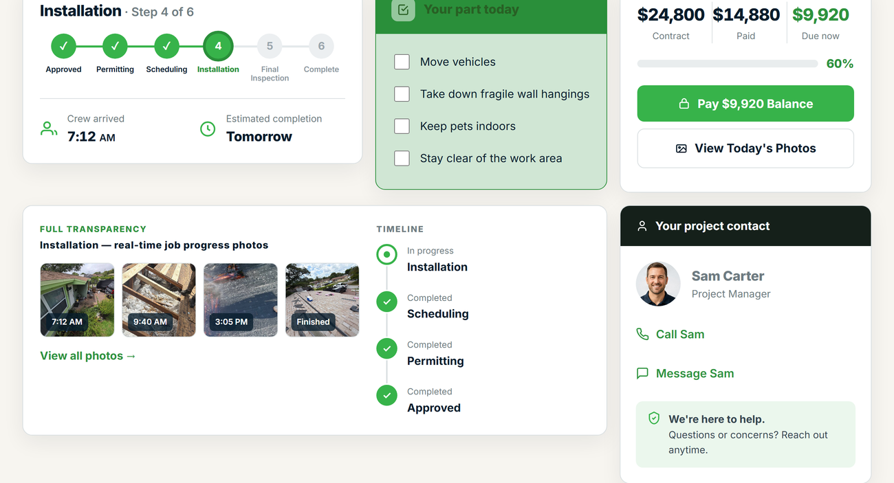 Live project command center — progress tracker, homeowner to-do list, balance due, and project contact