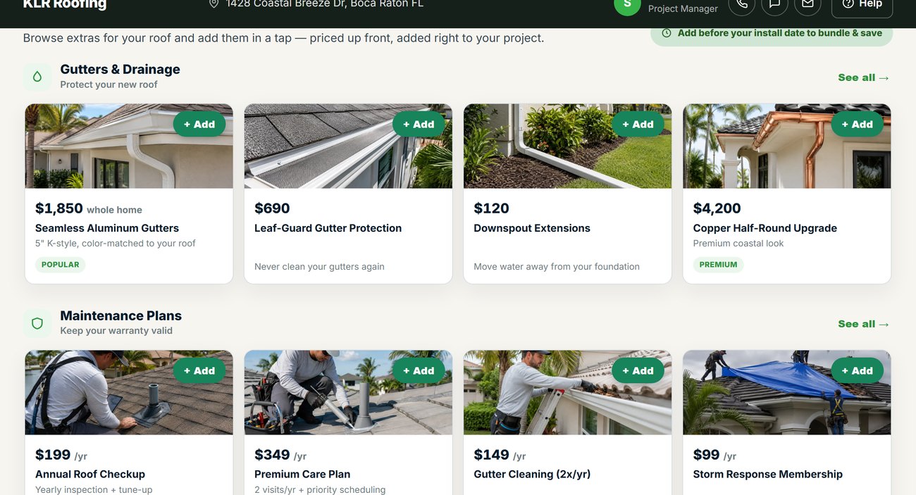 Add-on marketplace — gutters, maintenance plans, inspections, and roof upgrades added in a tap