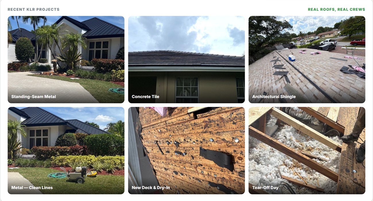 Recent projects gallery — real finished roofs across shingle, tile, and metal