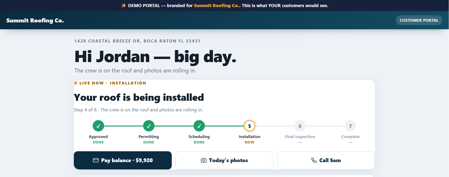 The branded homeowner portal on a phone, showing the live progress tracker for a roof replacement